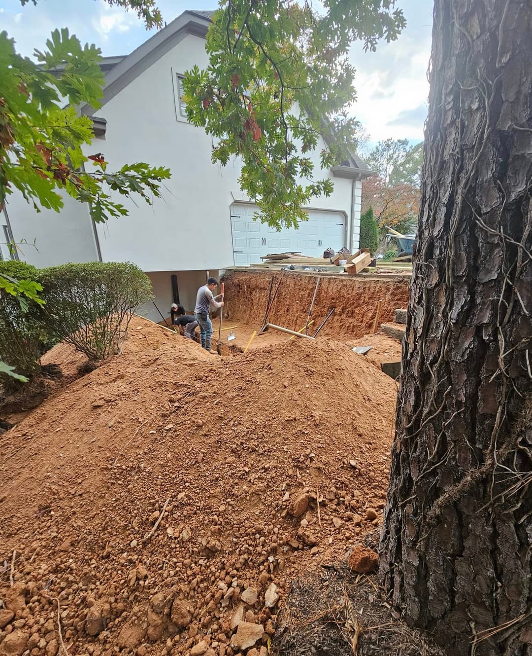 Construction site with workers excavating dirt near a house and a large tree in the foreground.